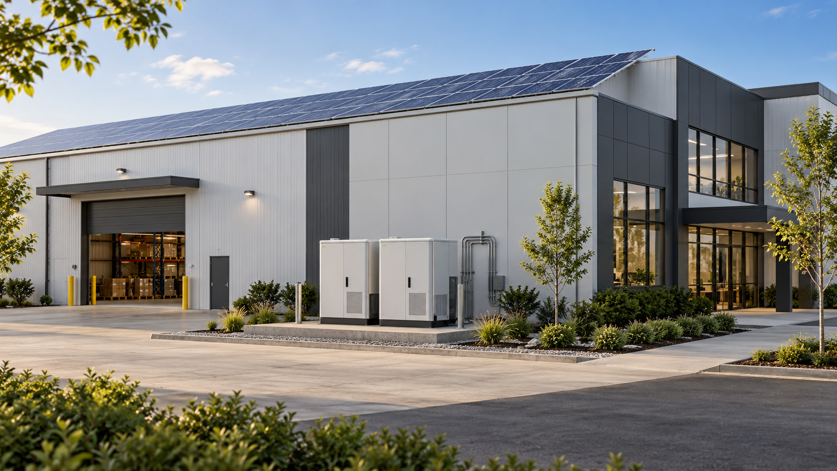AI concept of rooftop solar and battery storage at a commercial warehouse