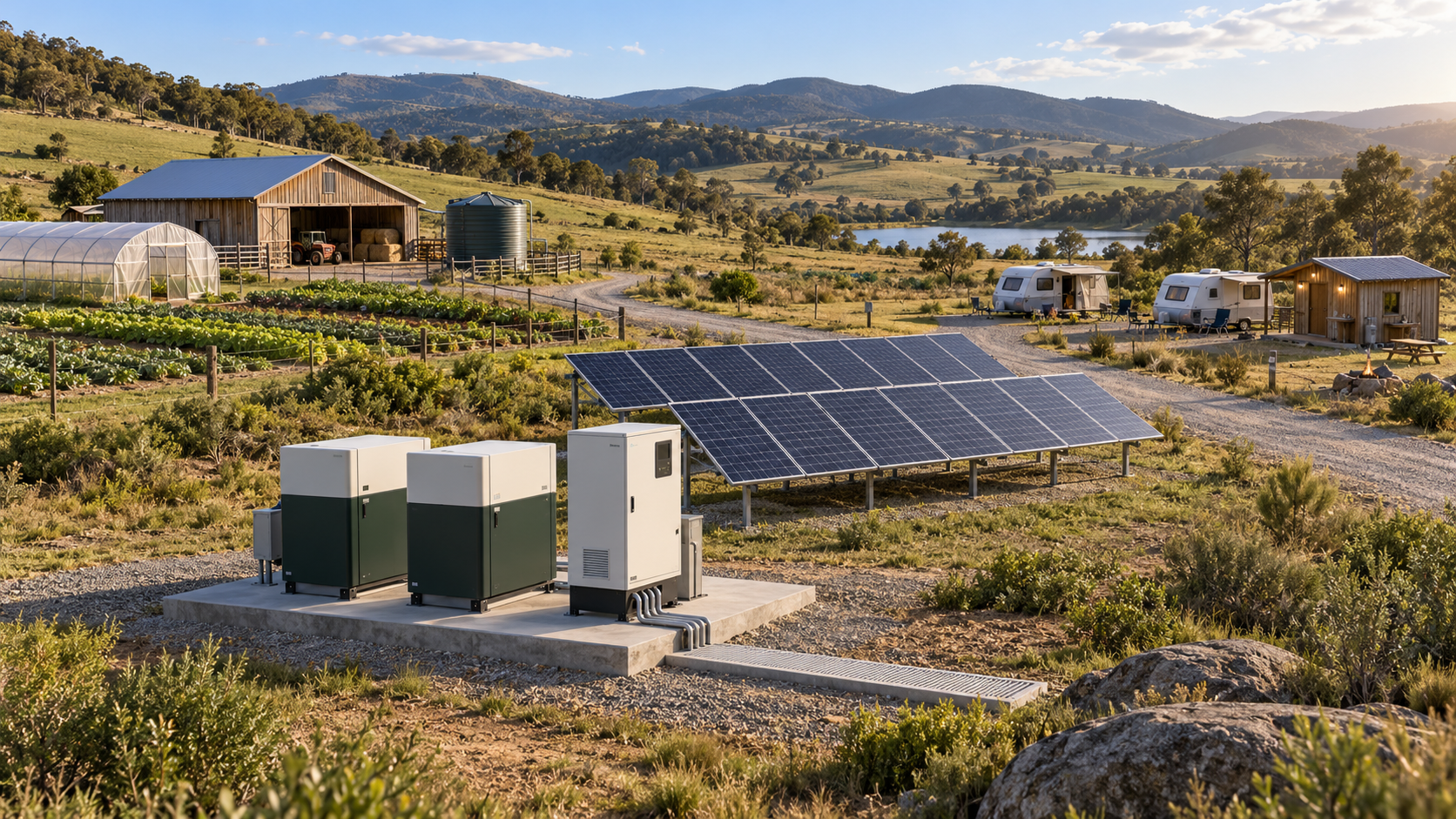 AI concept of a local solar array and battery station serving a remote farm, campsite and utility facilities