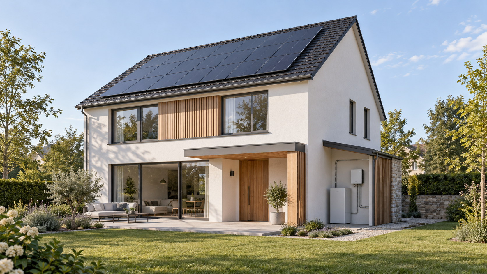 Concept illustration of a home with rooftop solar panels and battery storage