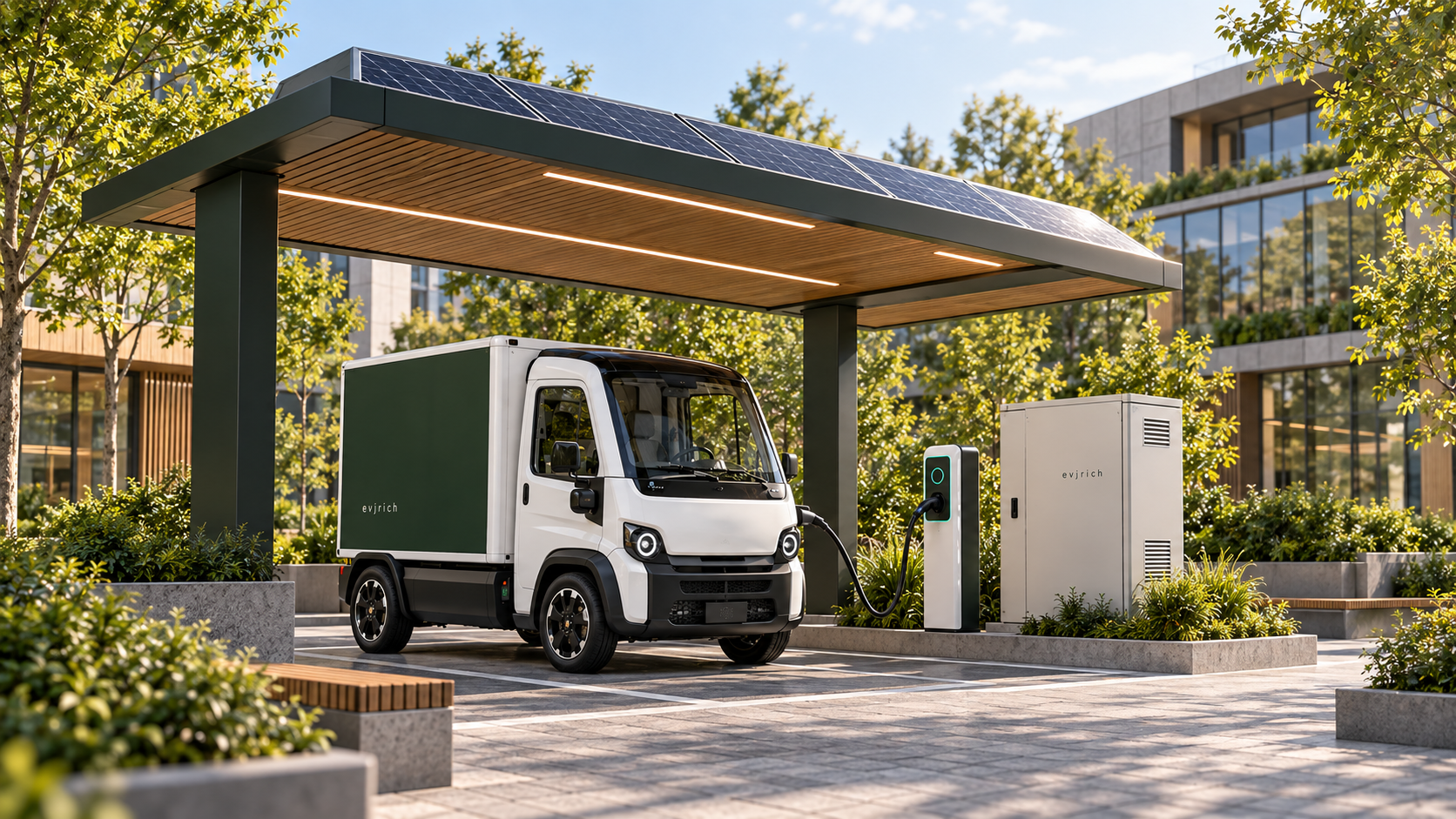 Concept illustration of solar generation, battery storage and fleet charging